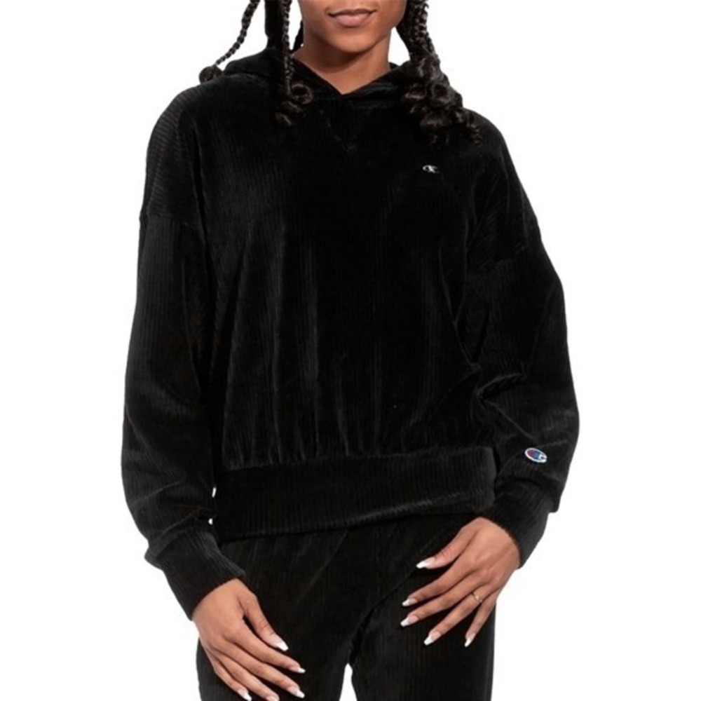 Champion Corduroy Hooded Sweatshirt Women's Size L Black‎